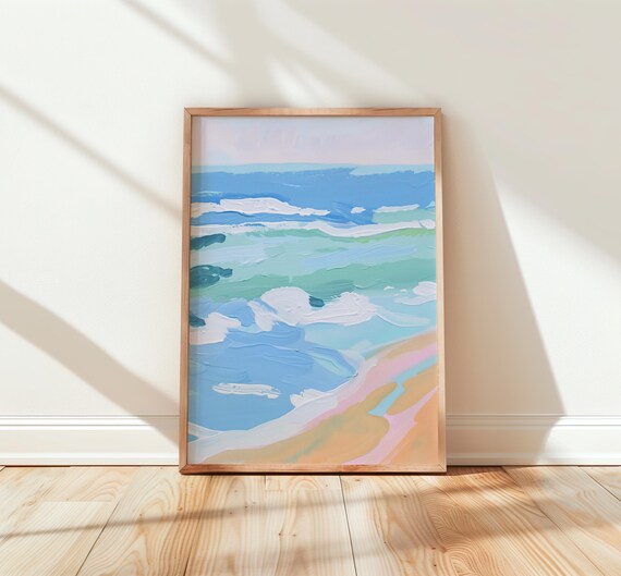 Abstract Ocean Waves Pastel Blue Coastal Beach Painting Poster