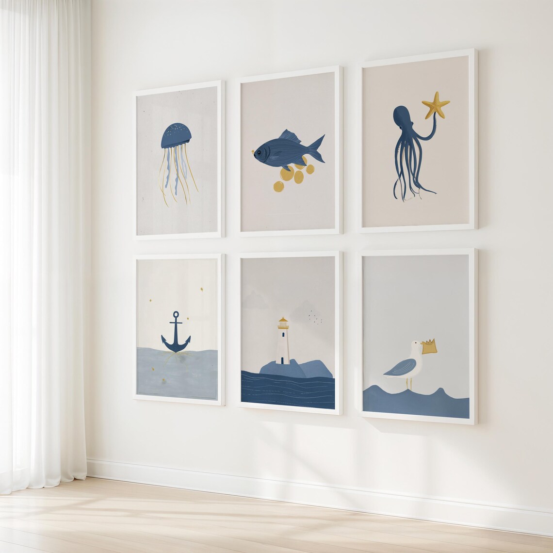 Set of Six Minimalist Navy and Gold Nautical Prints for Kids Room Wall Art