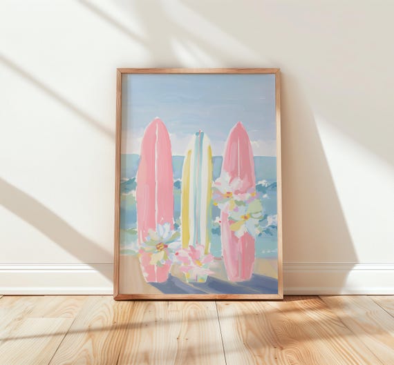 Boho Surfboards Watercolor Art Beachy Floral Pastel Print Summer Nursery Decor Blush Sand Tone Wall Coastal 242