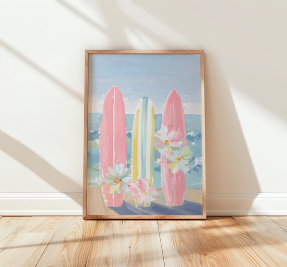 Pastel Surfboards Beach Flowers Boho Coastal Watercolor Poster