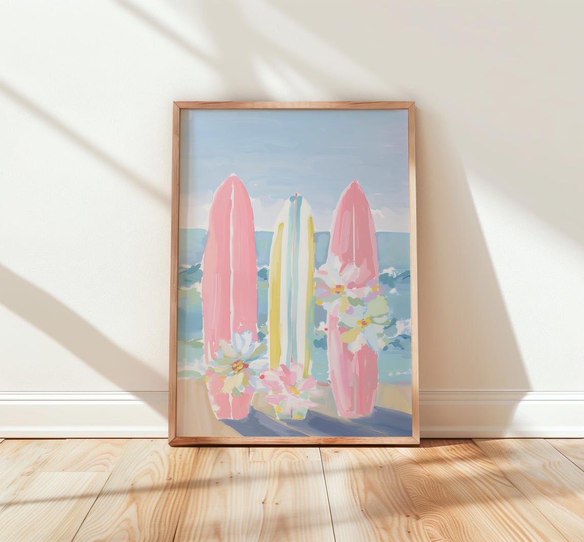 Pastel Surfboards Beach Flowers Boho Coastal Watercolor Poster