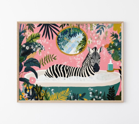 Zebra Soaking in a Teal Bathtub Pink Tropical Bathroom Poster