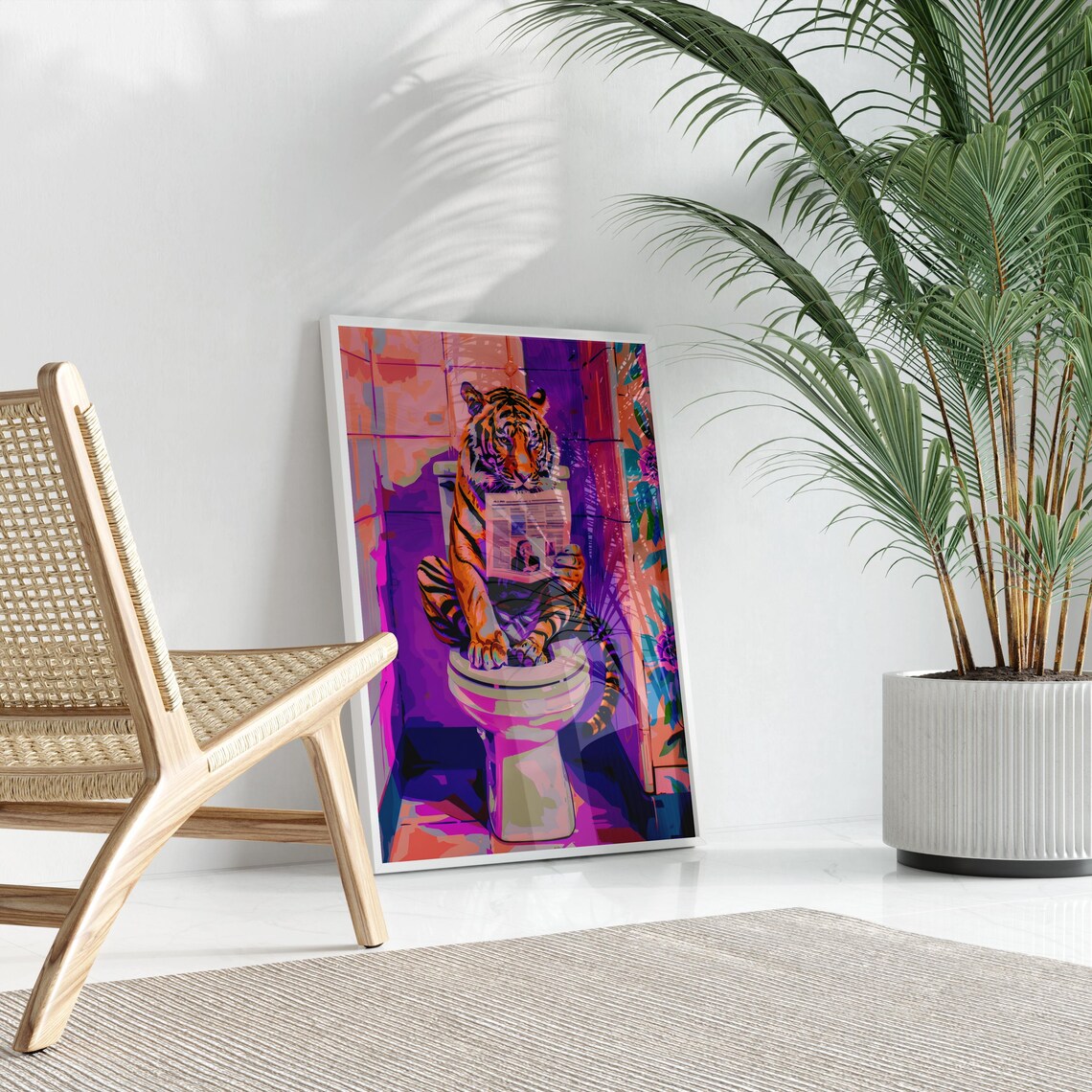 Tiger Reading Newspaper On Toilet Purple Pink Bathroom Funny Poster - Image 3