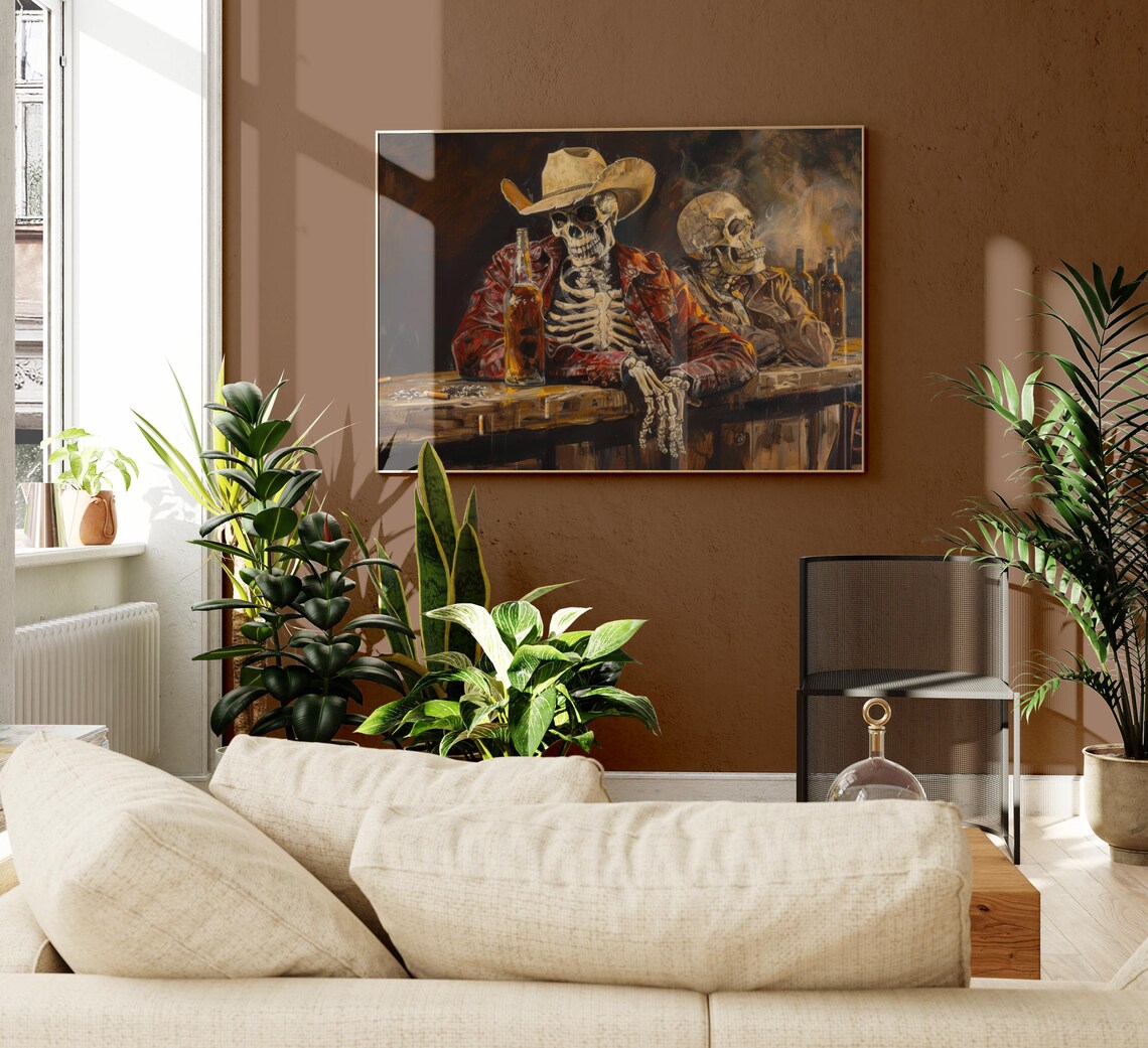 Skeleton Cowboy In A Bar Oil Painting Print - Image 2