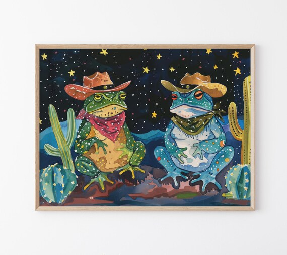 Cowboy Frogs Oil Painting Poster with Starry Desert Night Sky