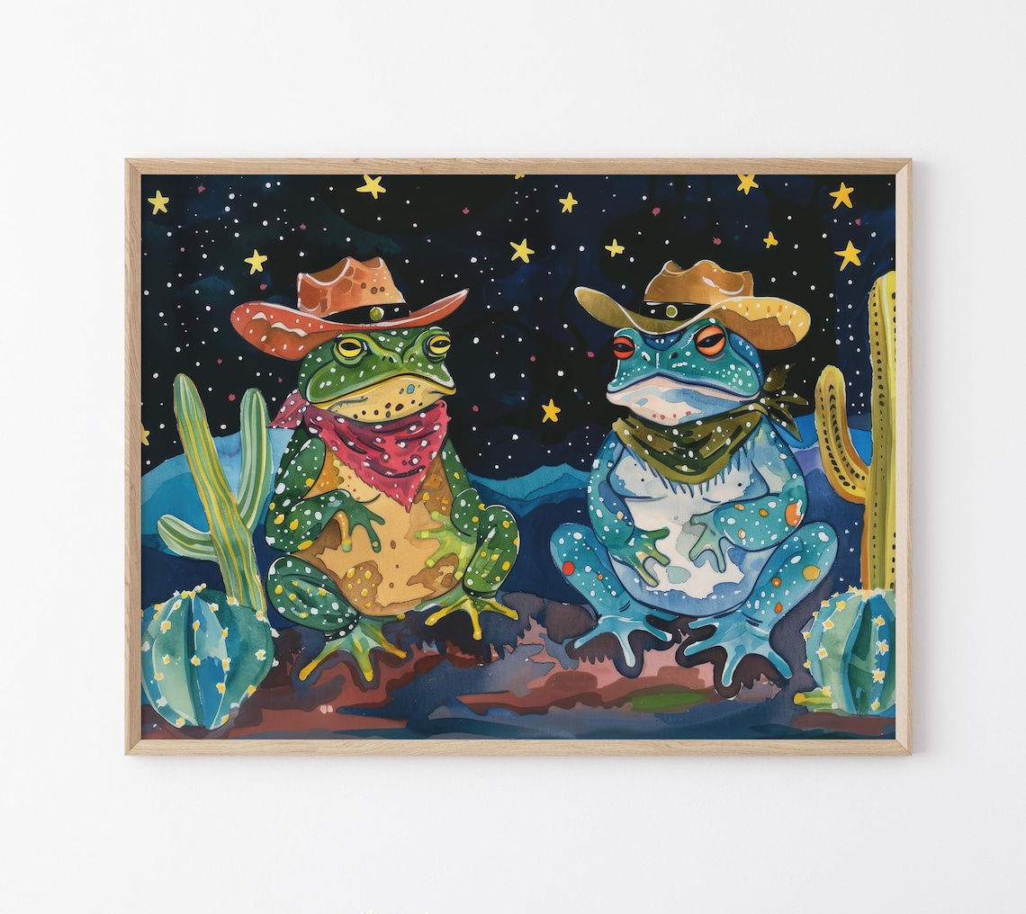 Cowboy Frogs Oil Painting Poster with Starry Desert Night Sky