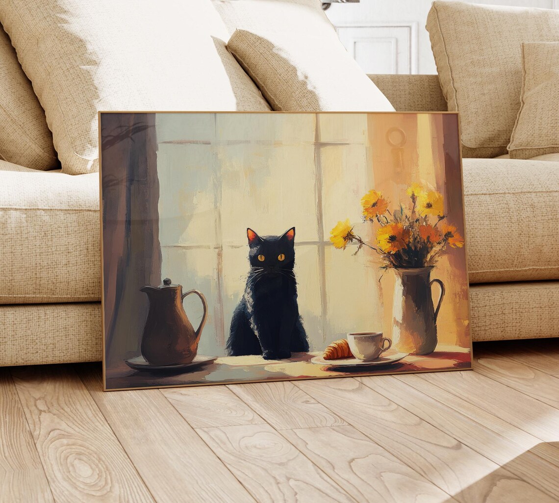 Black Cat by a Sunlit Window with Coffee Cup and Flowers Print - Image 4