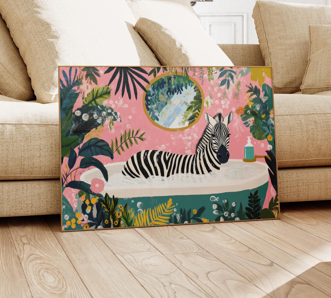 Zebra Soaking in a Teal Bathtub Pink Tropical Bathroom Poster - Image 4