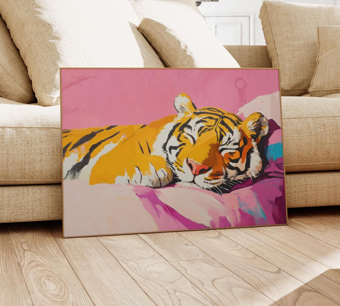Sleeping Tiger Pink Blanket Right Facing Colorful Modern Poster - Image 4