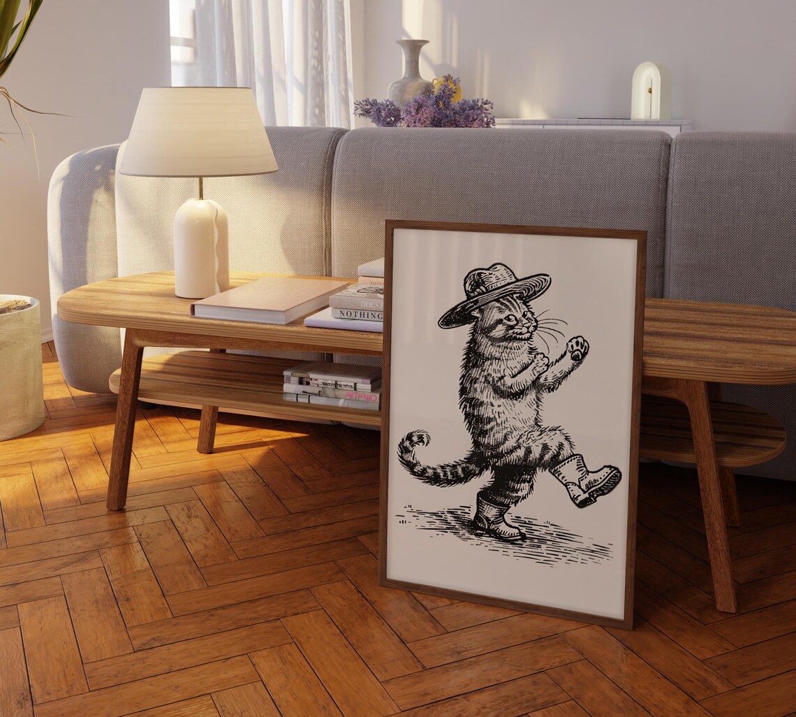 Strutting Cowboy Cat Dance Move Wide Brim Hat Western Sketch Poster - Image 2