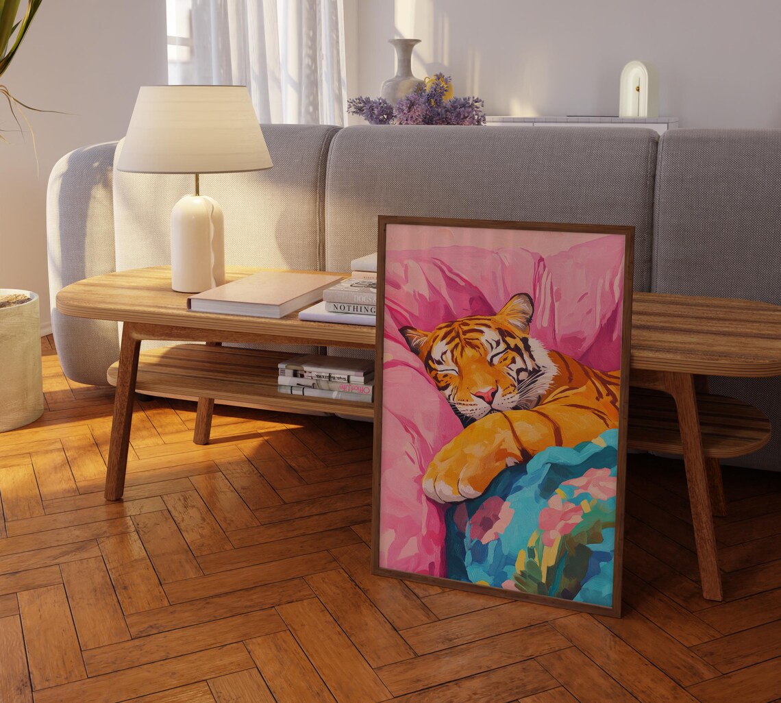 Sleeping Tiger On Pink Pillow Floral Blanket Maximalist Poster - Image 2