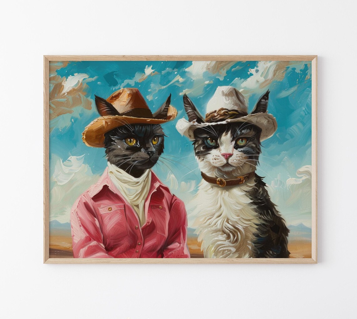 Two Cowboy Cats in Cowboy Hats Under a Desert Sky Painting Poster