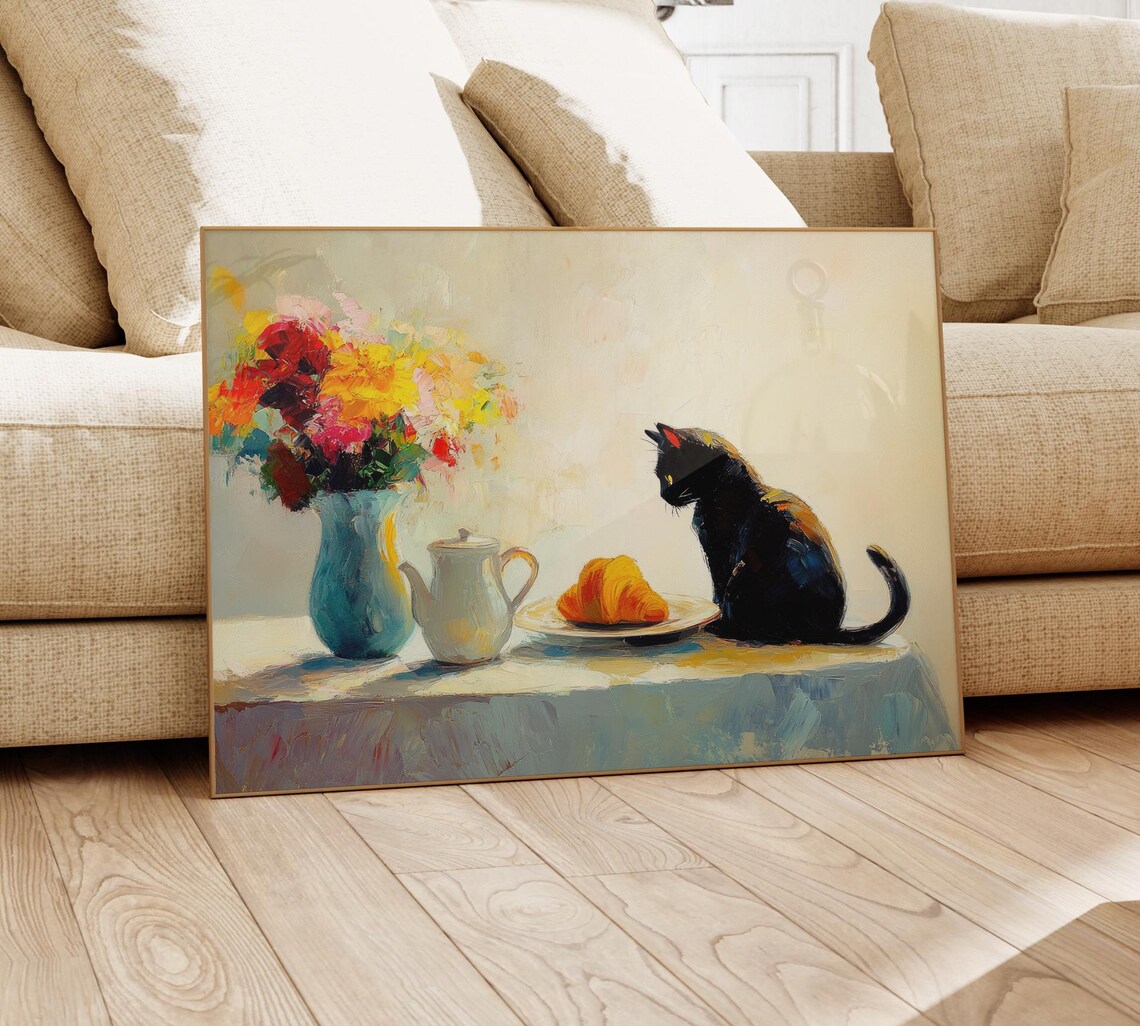 Black Cat in Profile at a Sunny French Cafe Table Painting Print - Image 4