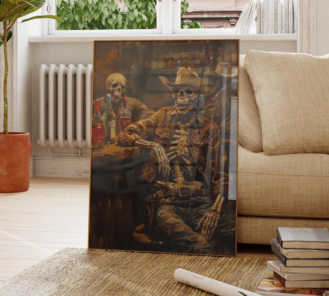 Skeleton Cowboy in a Bar, Western Oil Painting Print - Image 4