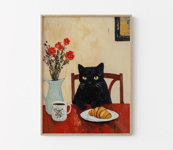 Black Cat at Red Bistro Table with Coffee Mug and Croissant Print