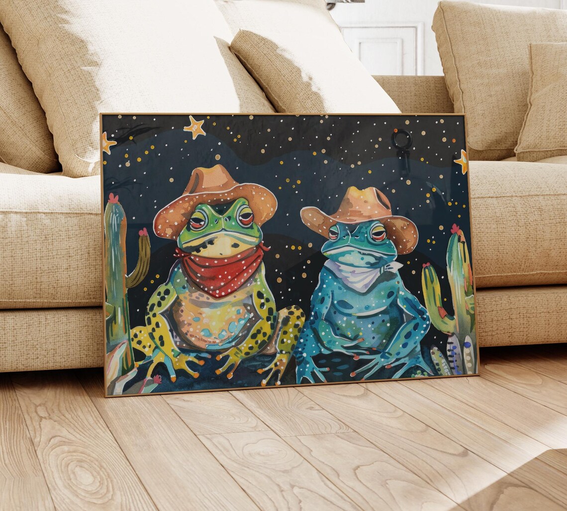 Cowboy Frogs Oil Painting Poster with Spotted Frogs and Stars - Image 4