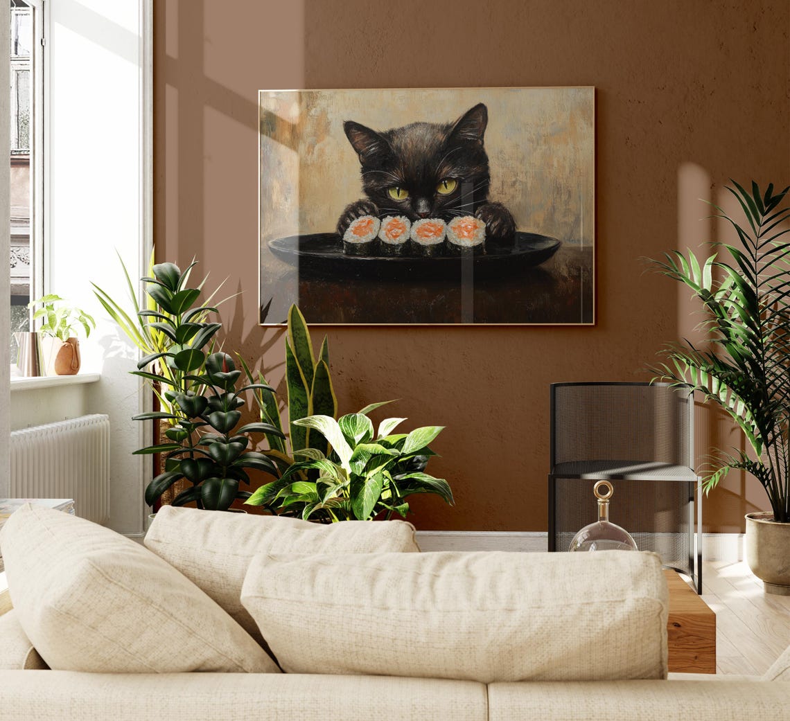 Black Cat Sushi Oil Painting Print Tokyo Art Print Oishii Cat Print Delicious Japanese Food Art Kitchen Wall Art Sushi Art Bcs8 - Image 2