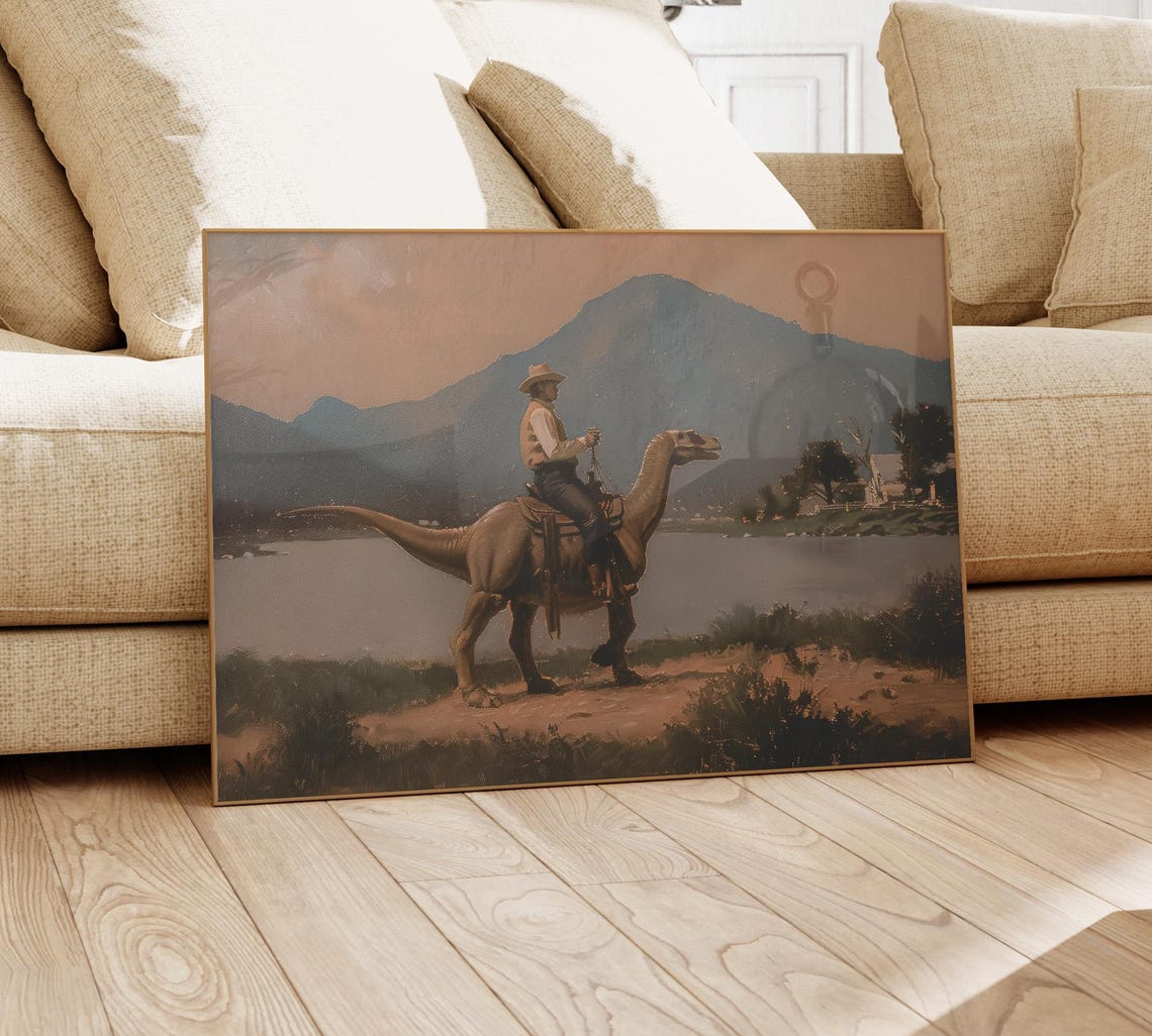 Vintage Dinosaur Cowboy Oil Painting Print Western Jurassic Dinosaur Print Gift For Him Funny Print Vdc13 - Image 4