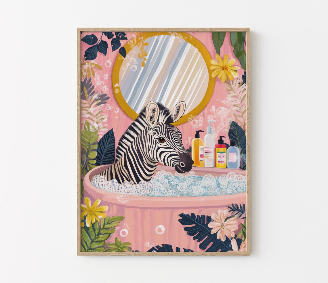 Zebra Relaxing in a Pink Bathtub With a Round Mirror Bathroom Poster