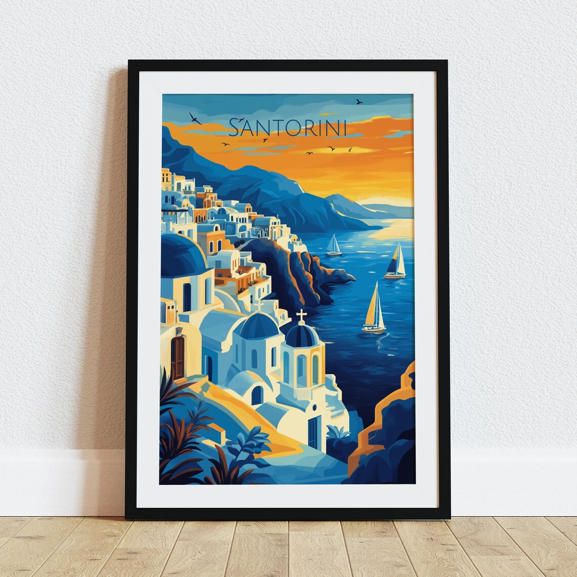 Santorini Greece White Villas Blue Domes Sunset Sailboats Poster