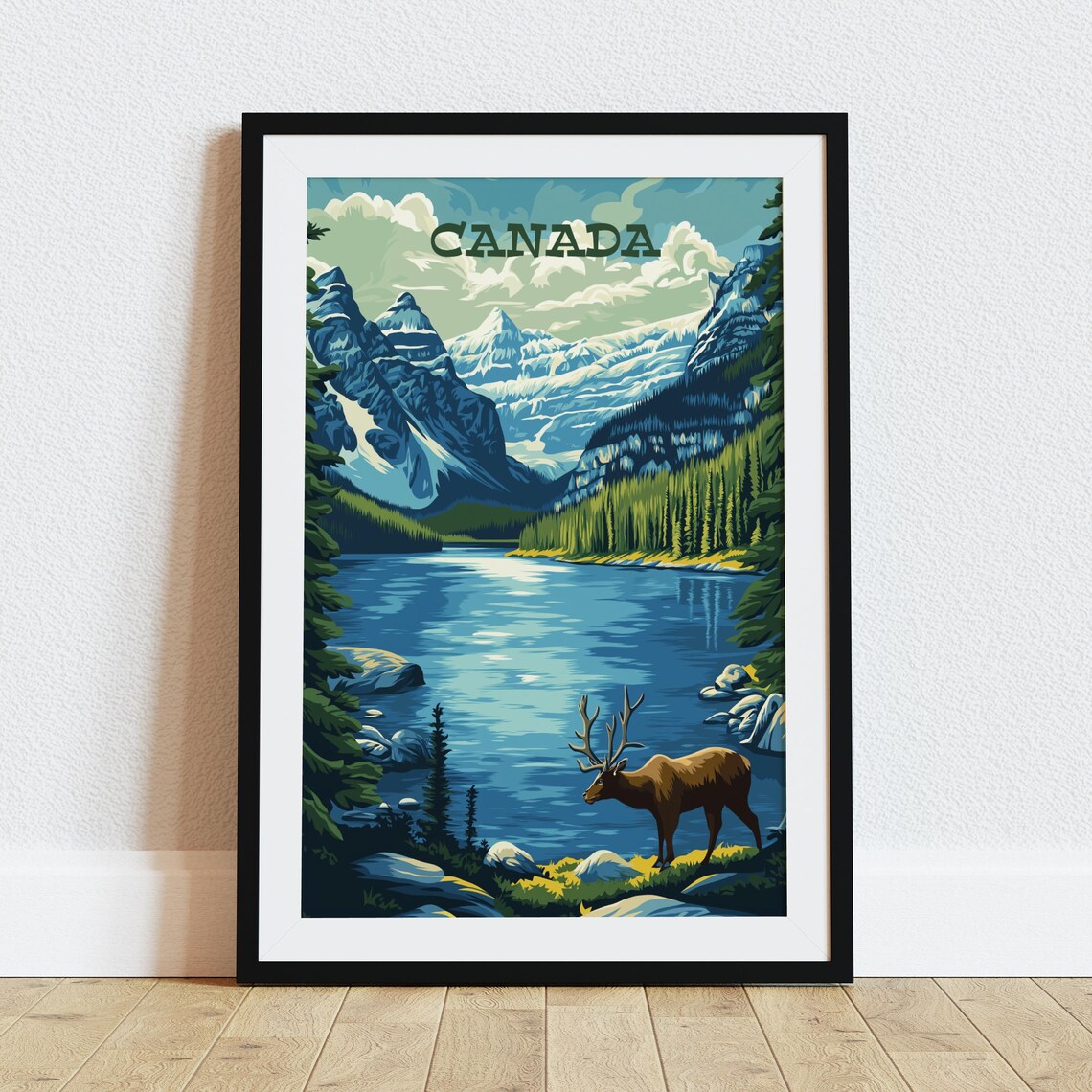 Canada Rockies Alpine Lake Elk Snowy Peaks Vintage Travel Poster