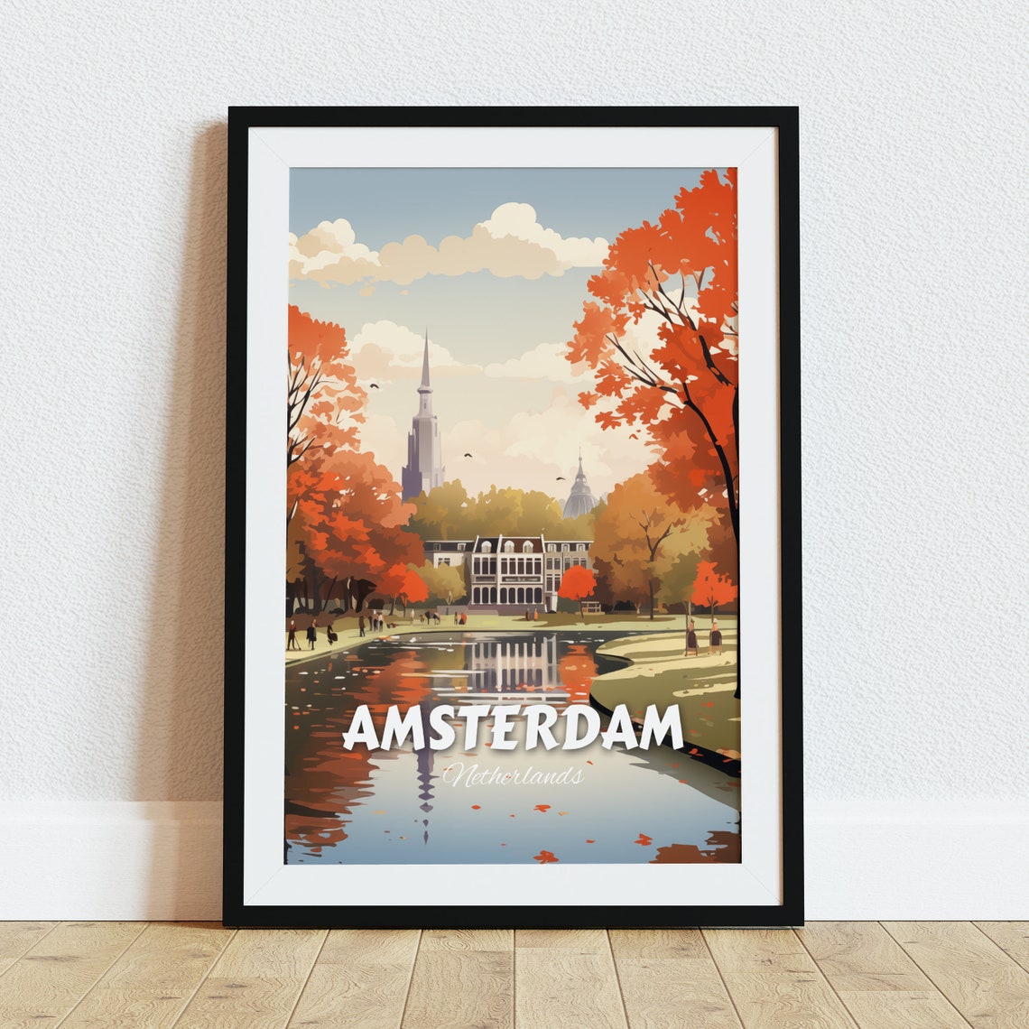 Amsterdam Autumn Park Pond Reflection Fall Vintage Travel Poster