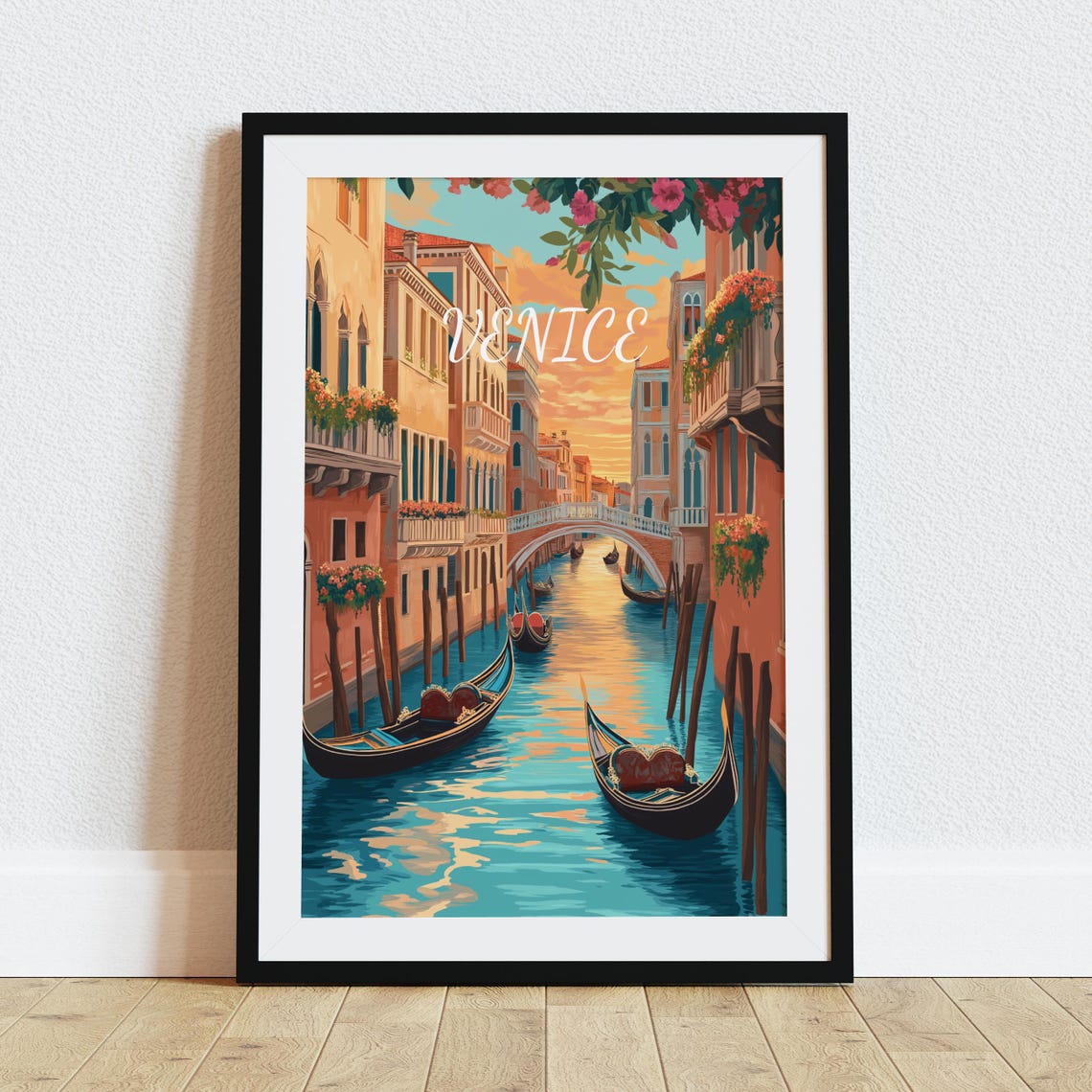 Venice Italy Canal Gondolas Sunset Bridge Flowers Travel Poster