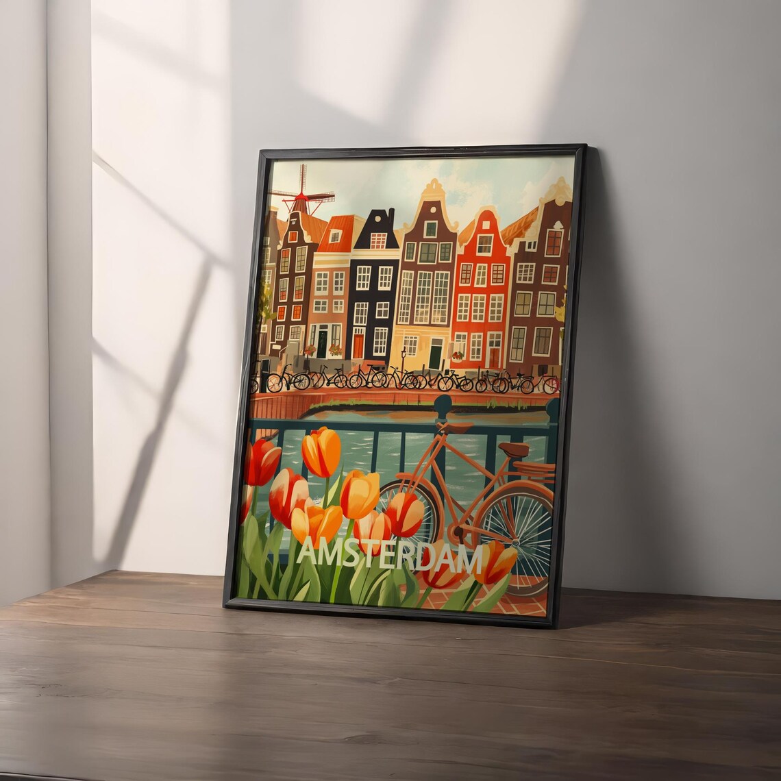 Amsterdam Netherlands Canal Houses Bicycles Tulips Travel Poster - Image 2