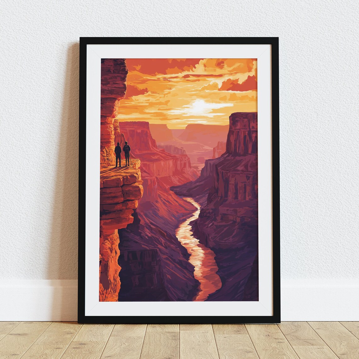 Grand Canyon Hikers Cliff Overlook Golden Sunset Vista Travel Poster
