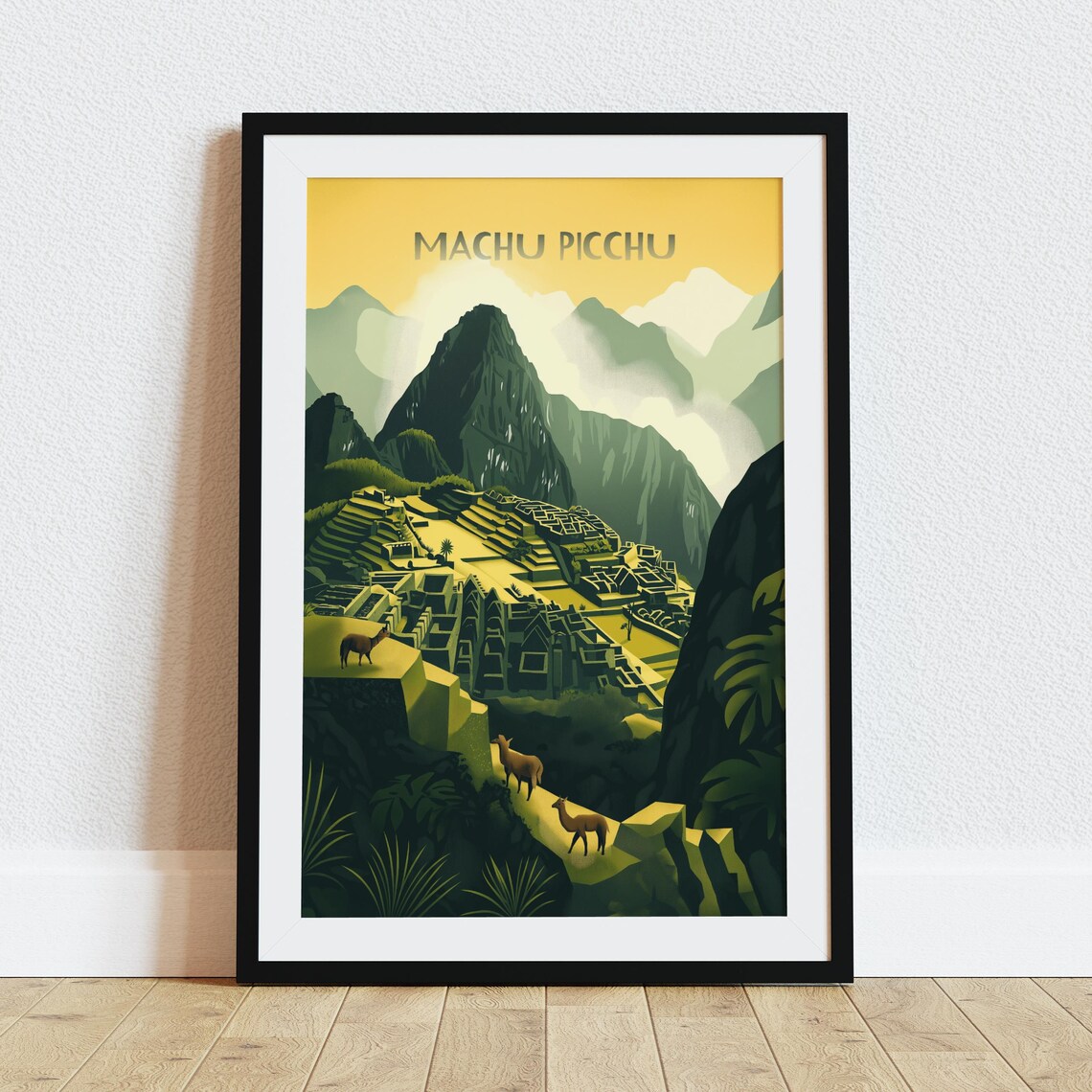 Machu Picchu Peru Ancient Terraces Llamas Golden Travel Poster