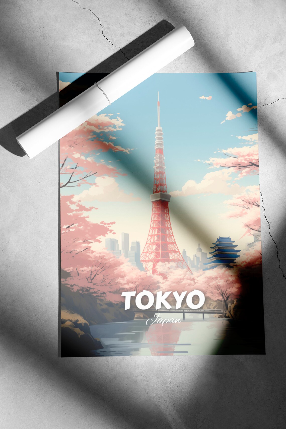 Tokyo Tower Cherry Blossoms Lake Retro Vintage Travel Poster - Image 2