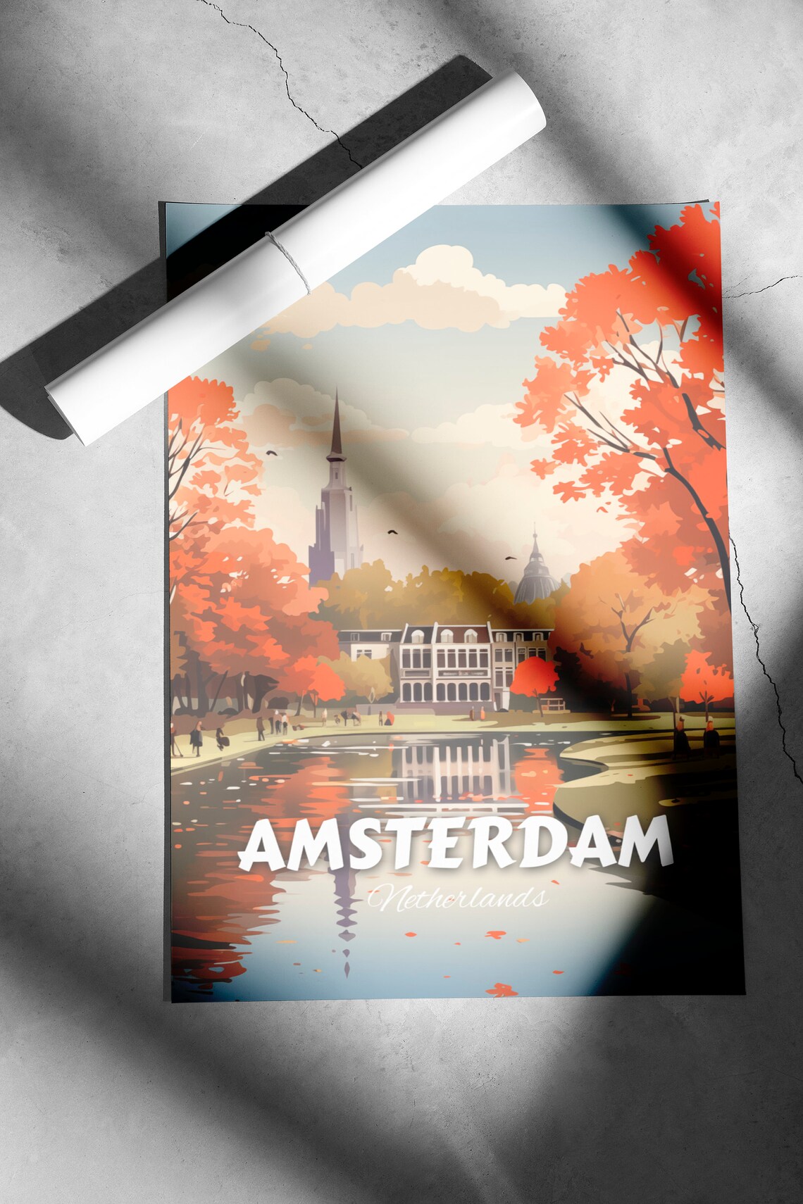 Amsterdam Autumn Park Pond Reflection Fall Vintage Travel Poster - Image 2