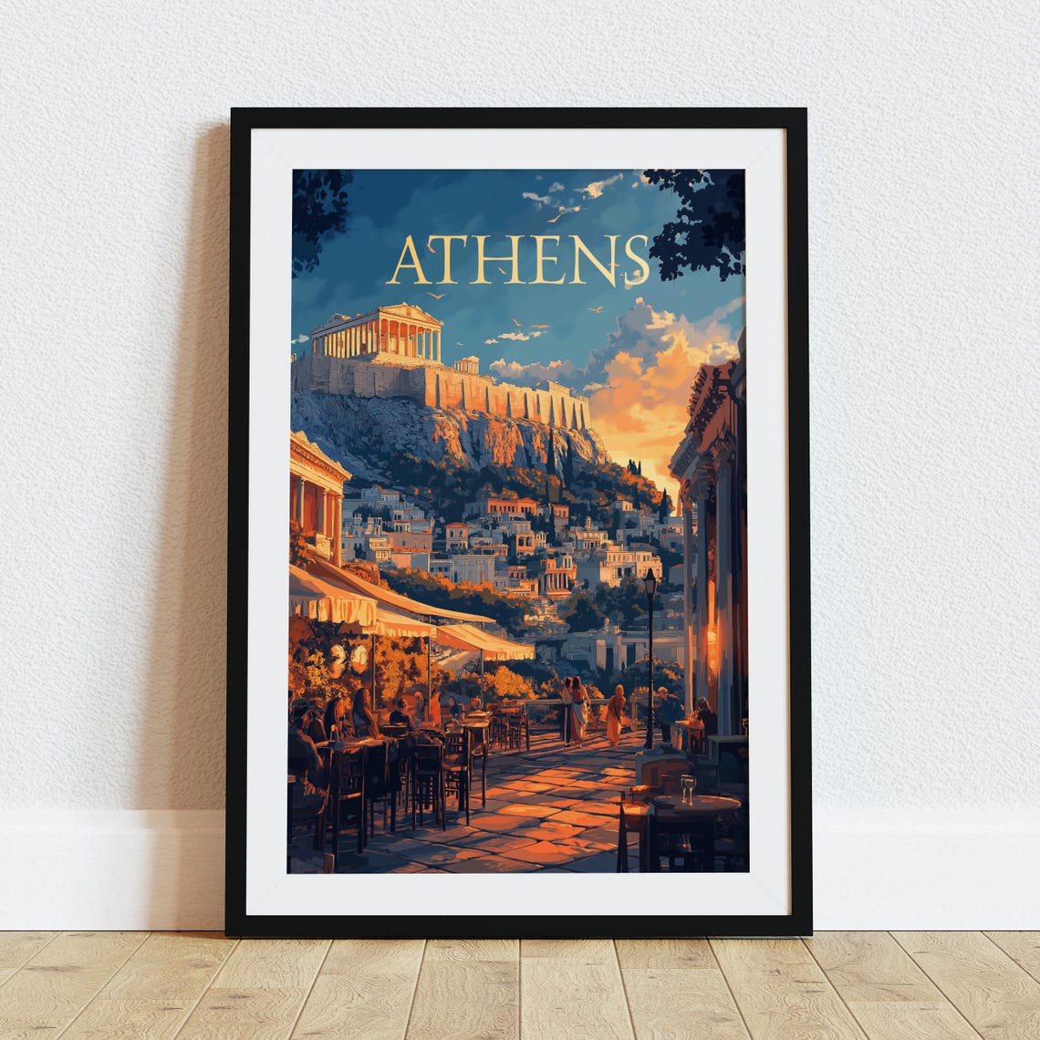 Athens Greece Acropolis Dusk Old Town Cafe Street Travel Poster