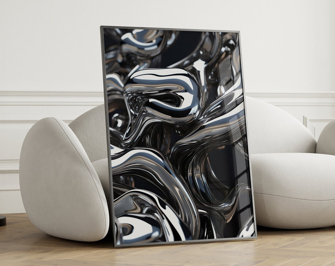 Liquid Chrome Metallic Swirls on Black Abstract Y2K Retro Poster - Image 3