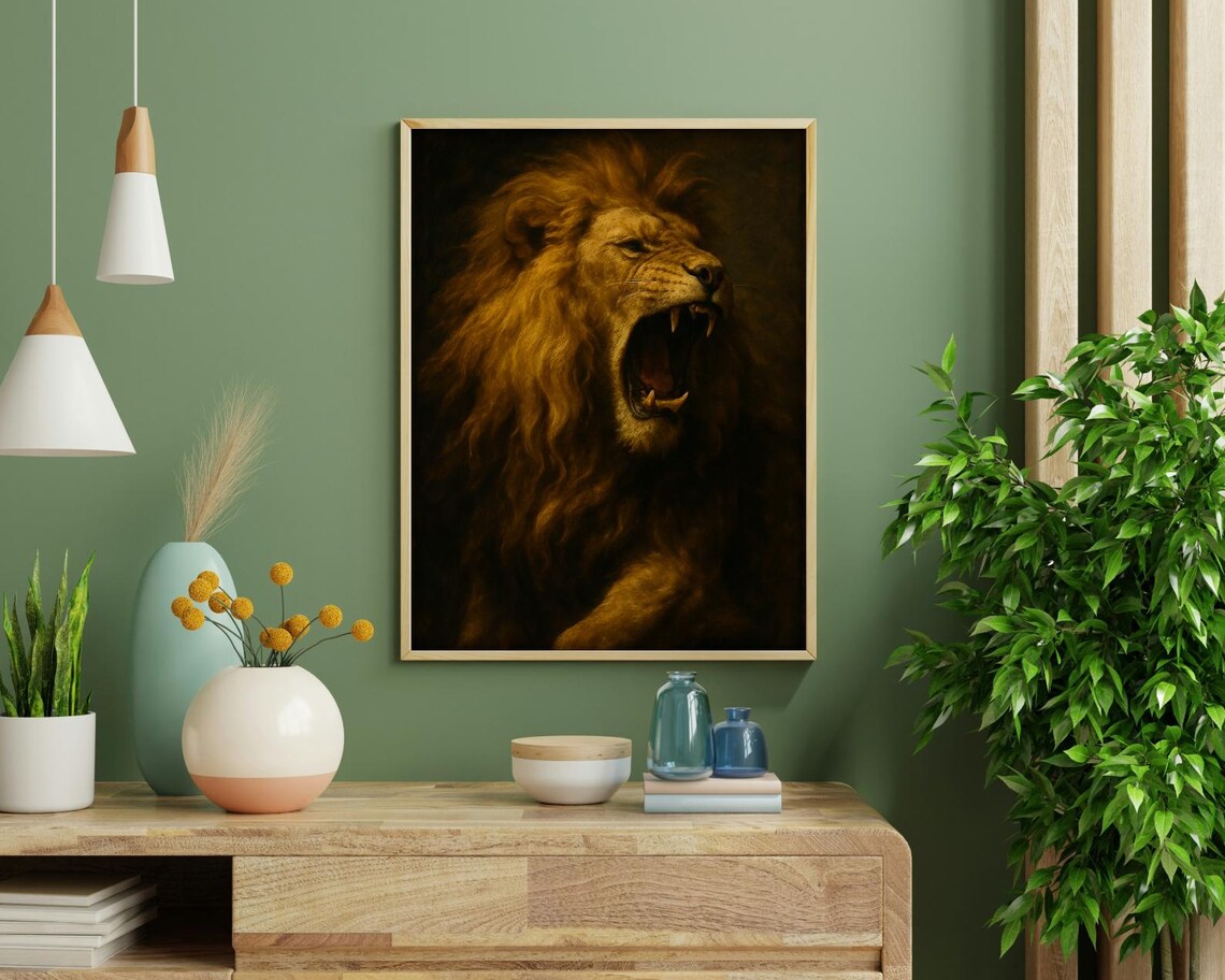 Majestic Roaring Lion Portrait, Vintage Animal Art Print - Image 3