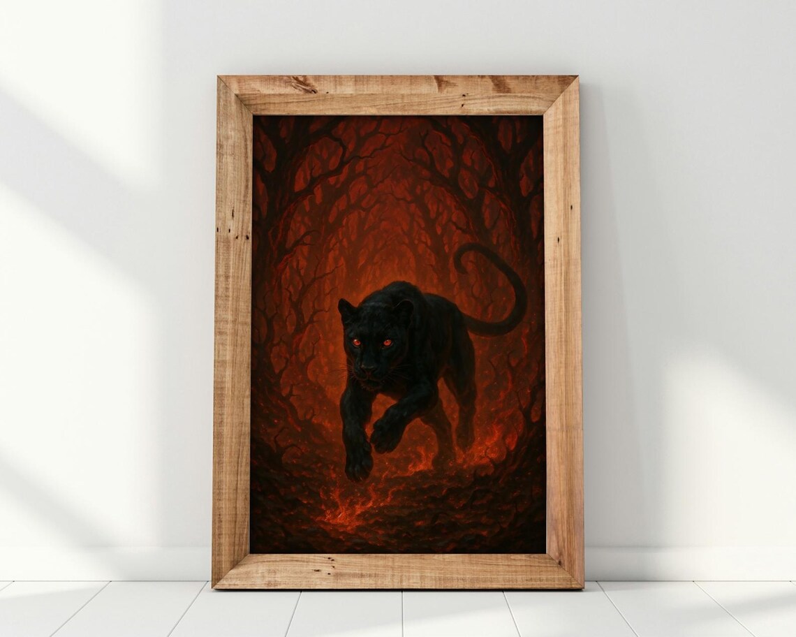 Fierce Panther in Fiery Forest, Dark Fantasy Art