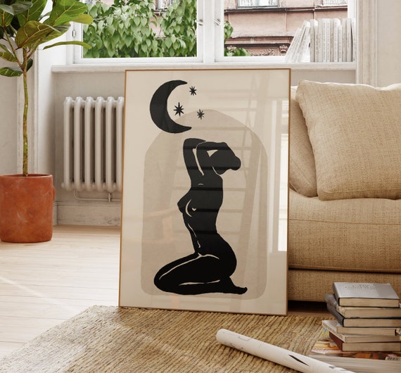Celestial Moon Goddess Art Print Neutral Tones Wall Instant Downloadabstract Woman Boho Home Decornude