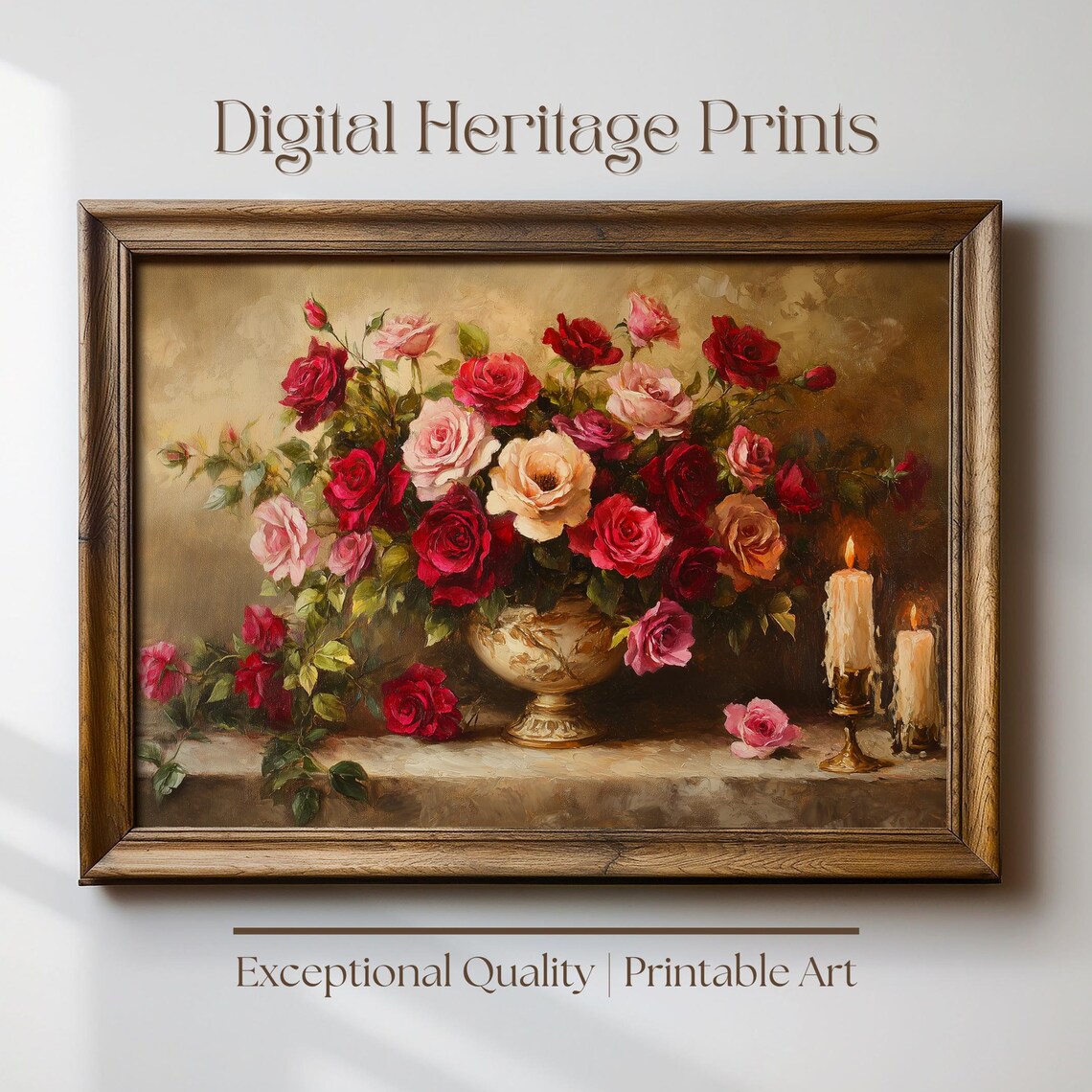 Flower Bouquet Art Print Vintage Valentines Red And Pink Roses Floral Wall Art Botanical Oil Painting Farmhouse Decor