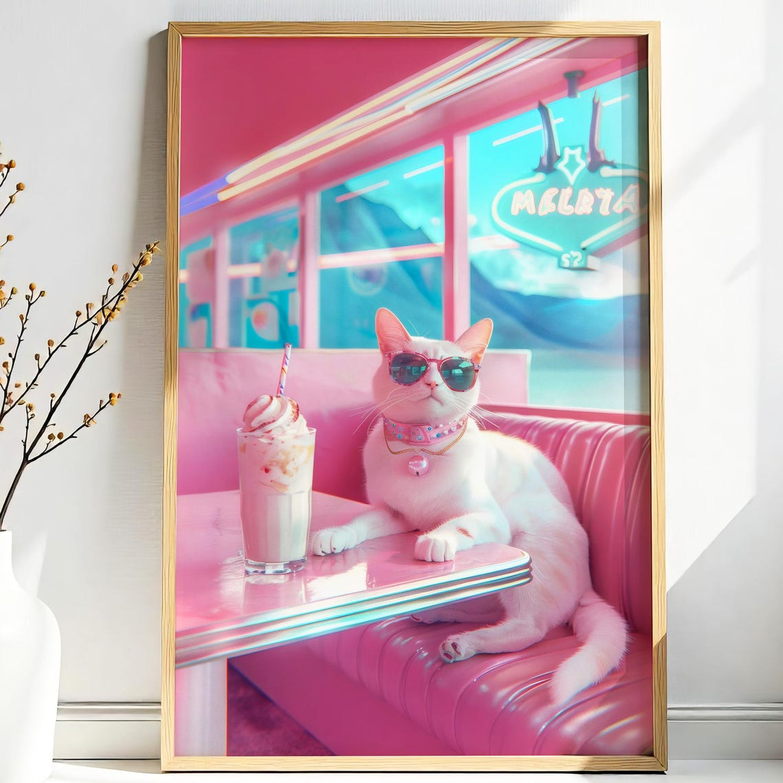 Cool White Cat With Sunglasses In Pink Retro Diner Milkshake Poster