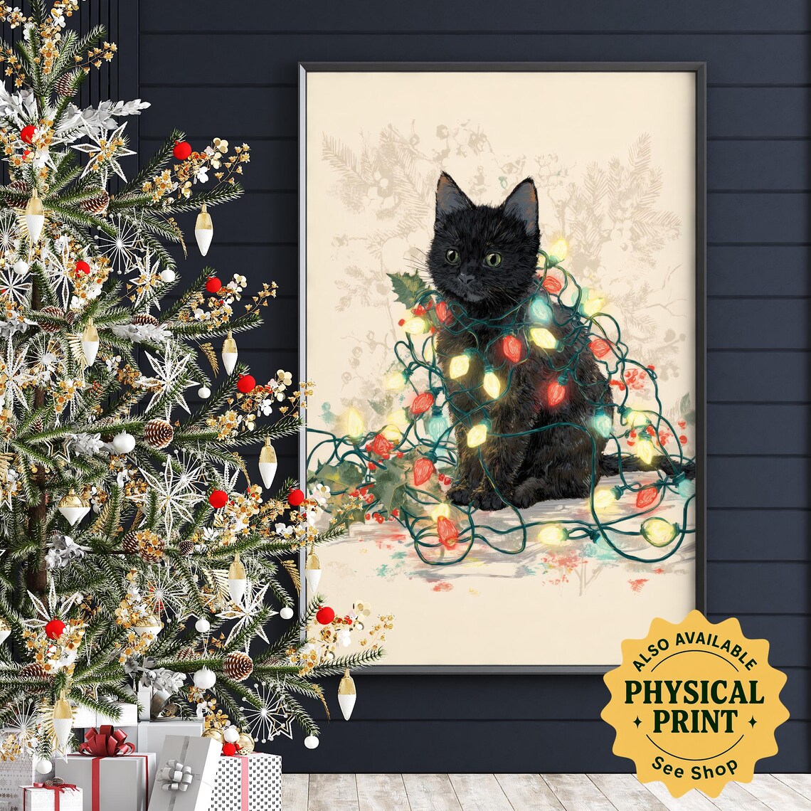 Christmas Cat Art Print, Festive Holiday Lights