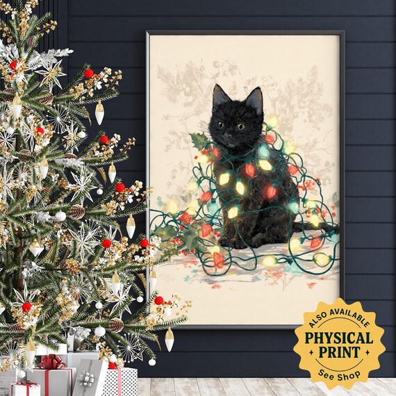 Christmas Cat Art Print, Festive Holiday Lights