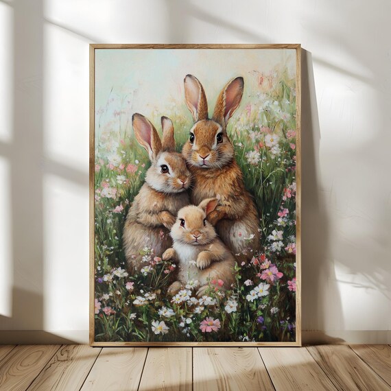 Cute Bunny Family Flower Meadow Daisies Rabbit Oil Painting Wall Poster