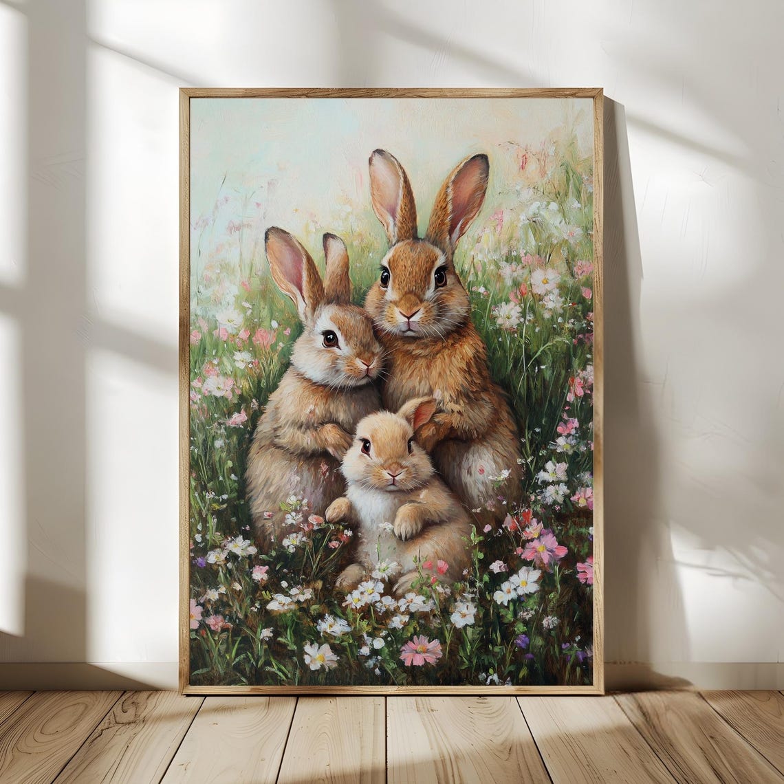 Bunny Family Print Farmhouse Rabbit Art Antique Bunny Oil Painting Mom Dad Baby Art Vintage Hare Happy Easter Poster Light Academia Decor