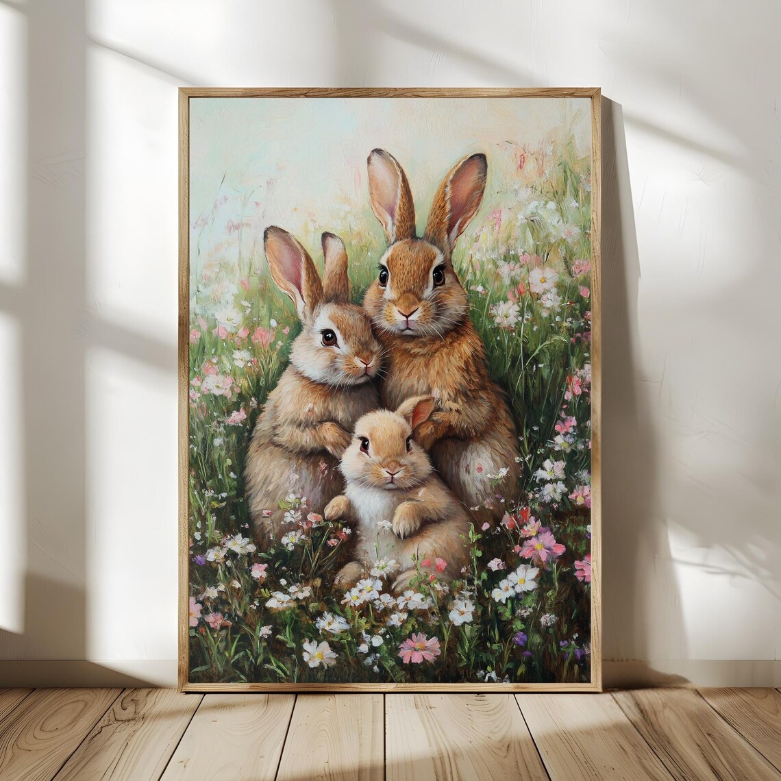 Cute Bunny Family Flower Meadow Daisies Rabbit Oil Painting Wall Poster