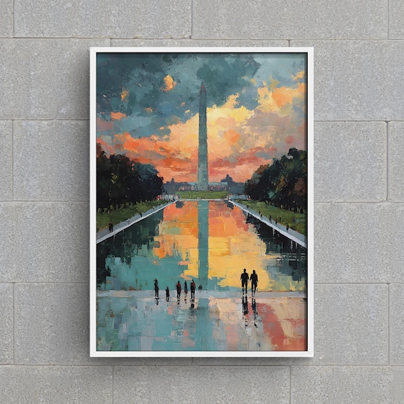 Washington Monument Art Print Reflecting Pool Sunset Painting Dc Cityscape Wall Decor Usa Landmark Travel