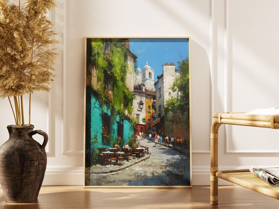 Paris Street Art Print Sacrcur Basilica Cityscape Painting Charming Cafe Scene Wall Decor Parisian Travel