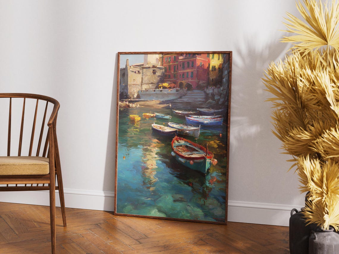 Cinque Terre Italy Print Vernazza Coastal Village Wall Art Fishing Boats Painting Italian Travel Poster