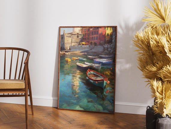 Cinque Terre Italy Print Vernazza Coastal Village Wall Art Fishing Boats Painting Italian Travel Poster