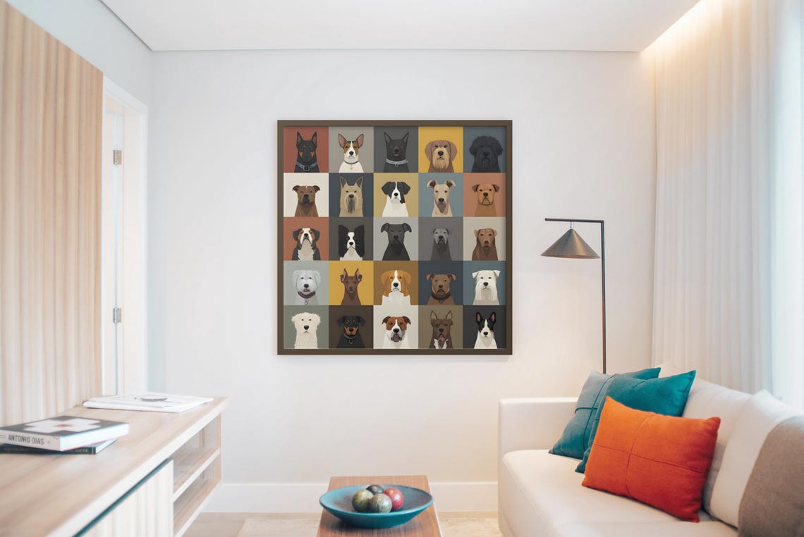 Twenty Five Dog Breed Faces Grid Minimalist Modern Canine Art Poster