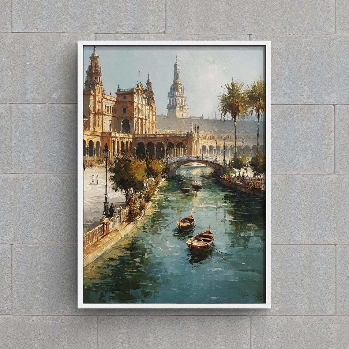 Seville Plaza De Espana Canal Boats Towers Painting Spain Poster